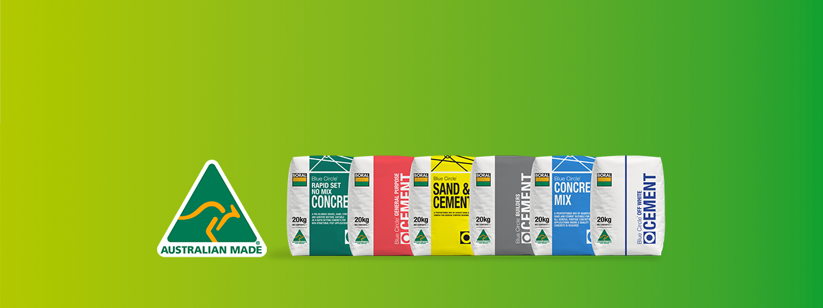 Australian Made logo next to Boral's range of packaged cement bags