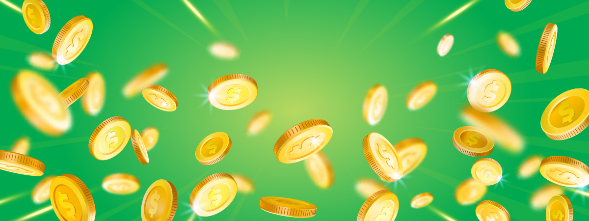 Gold coins on green background