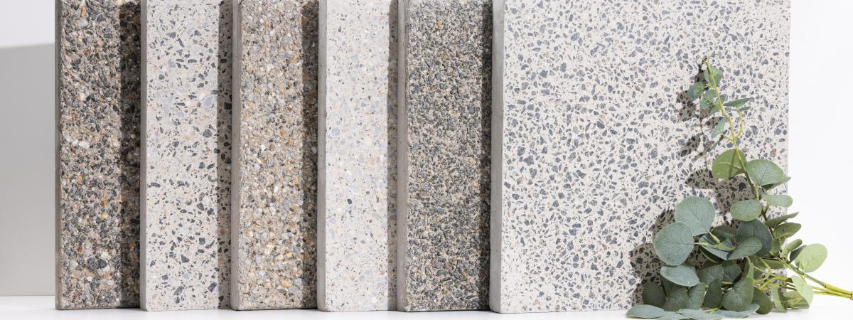 6 square slabs of ENVISIA concrete with decorative exposed aggregates