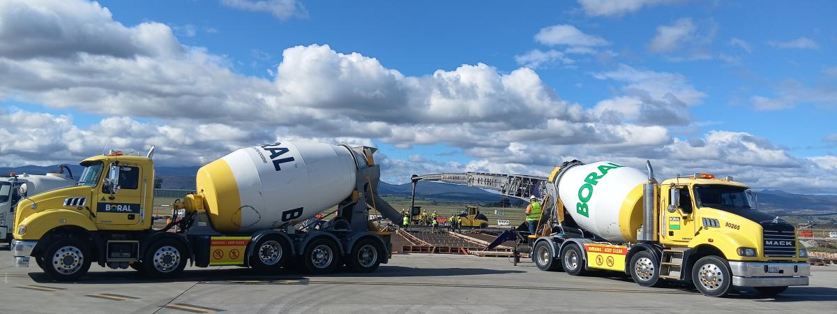 Boral concrete trucks on airport runway in tasmania