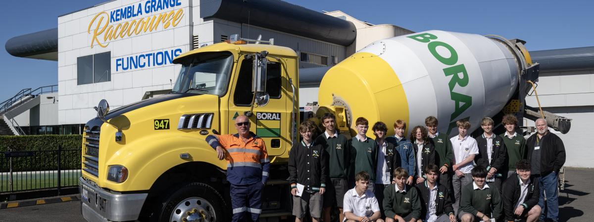 School students learning road safety with a Boral concrete agitator truck