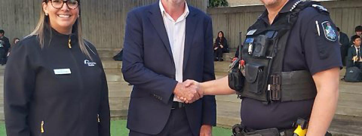 Senior Constable Mark Millar of Queensland Police Service receives the Boral Supporting Excellence Police Award for his extensive work educating young people on road safety and accident prevention.