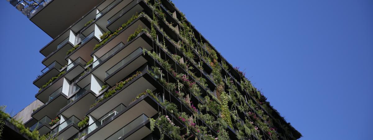 Skyward view of One Central Park building in Sydney Australia where Boral's low carbon concrete was used.