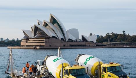 Boral agis on barge sailing towards Sydney Opera House