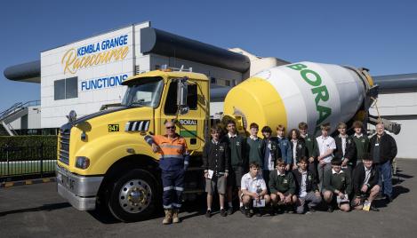 School students learning road safety with a Boral concrete agitator truck