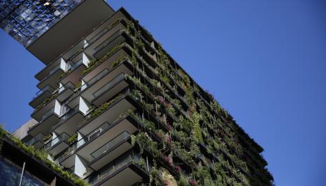 Skyward view of One Central Park building in Sydney Australia where Boral's low carbon concrete was used.