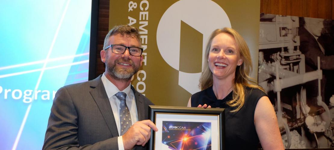 Pictured: Tasmanian Minister for Resources, Building and Construction, Sarah Courtney, presenting Boral Tasmania General Manager Gary Chapman with the award in Hobart on May 24, 2019