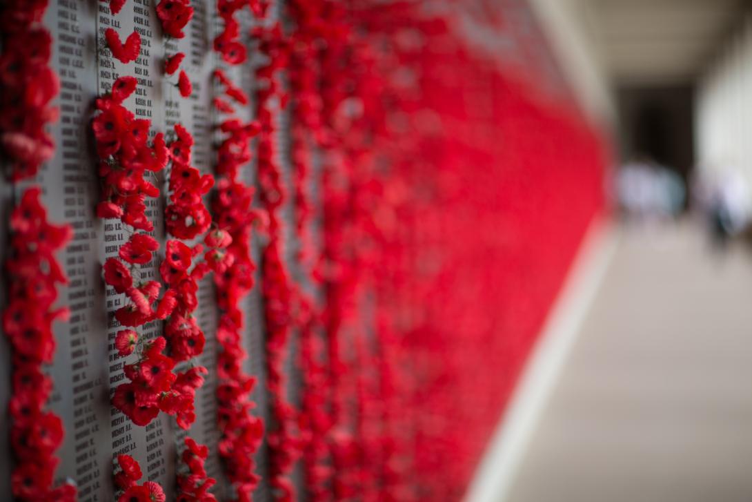 Red poppies at a war memorial