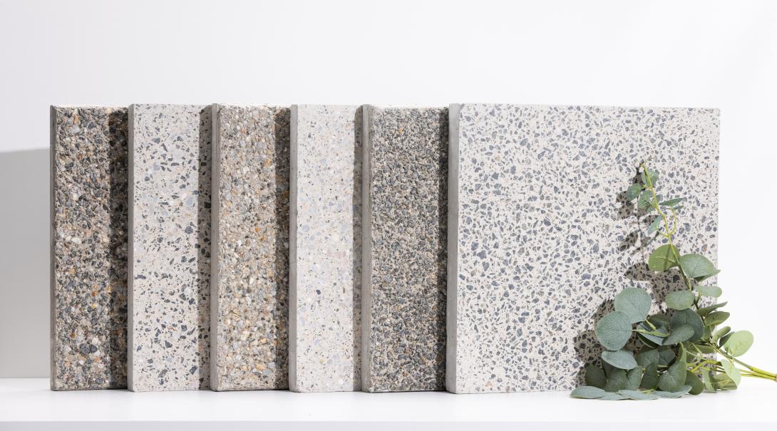6 square slabs of ENVISIA concrete with decorative exposed aggregates