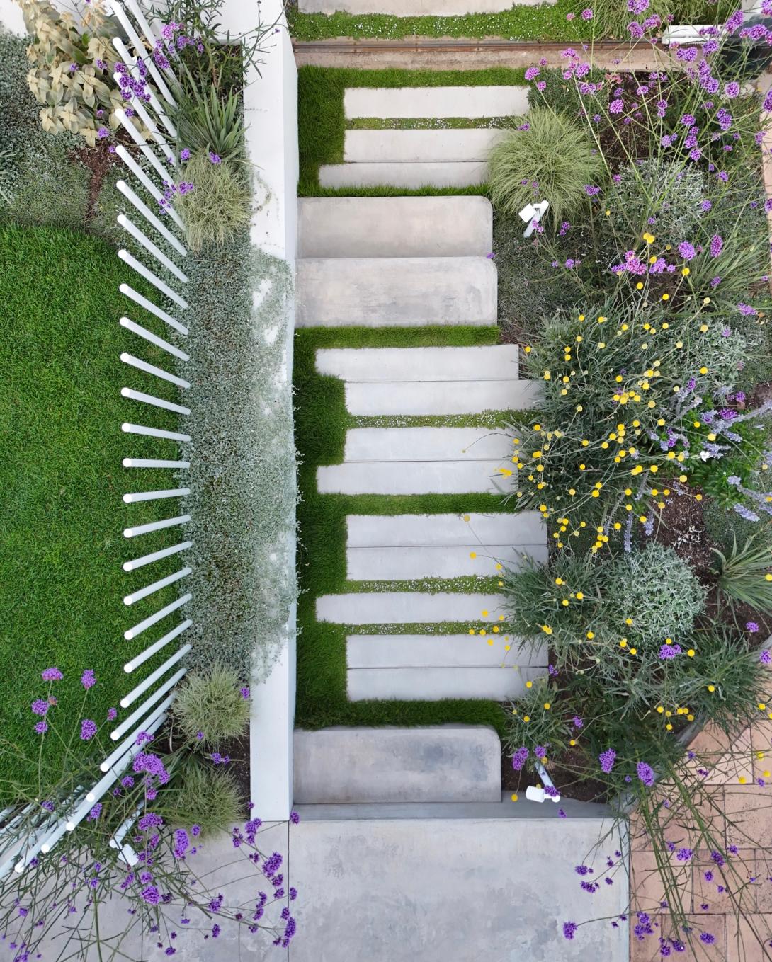 aerial view of a concrete garden path in a lush green setting