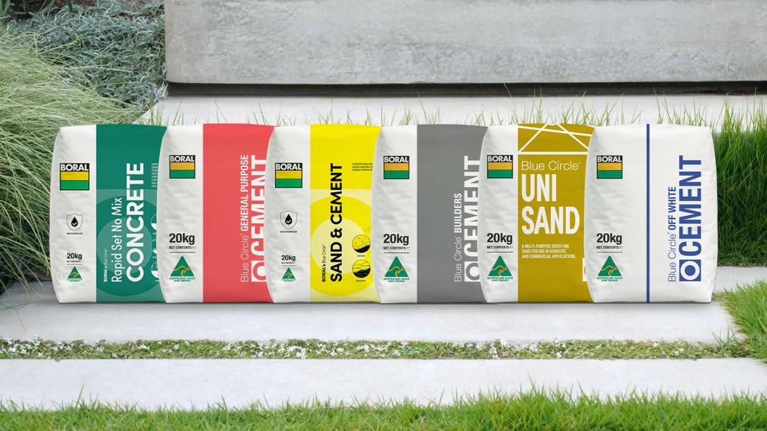 Boral Packaged Cement bags in a garden
