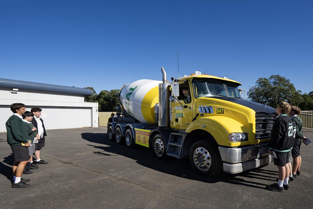 School students learning road safety with a Boral concrete agitator truck