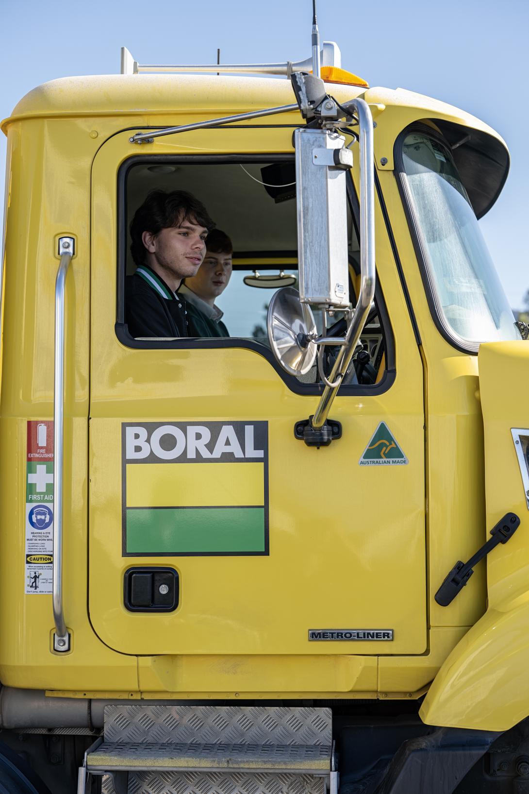 School students learning road safety with a Boral concrete agitator truck