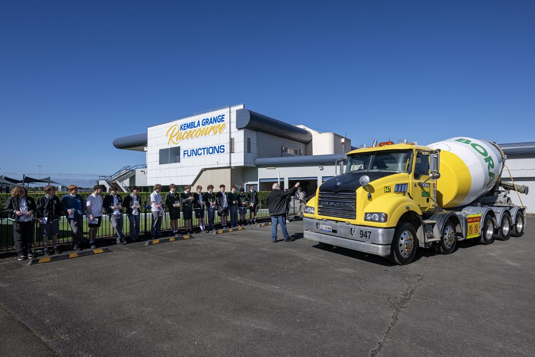 School students learning road safety with a Boral concrete agitator truck