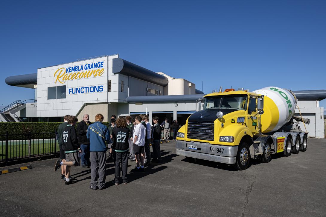 School students learning road safety with a Boral concrete agitator truck