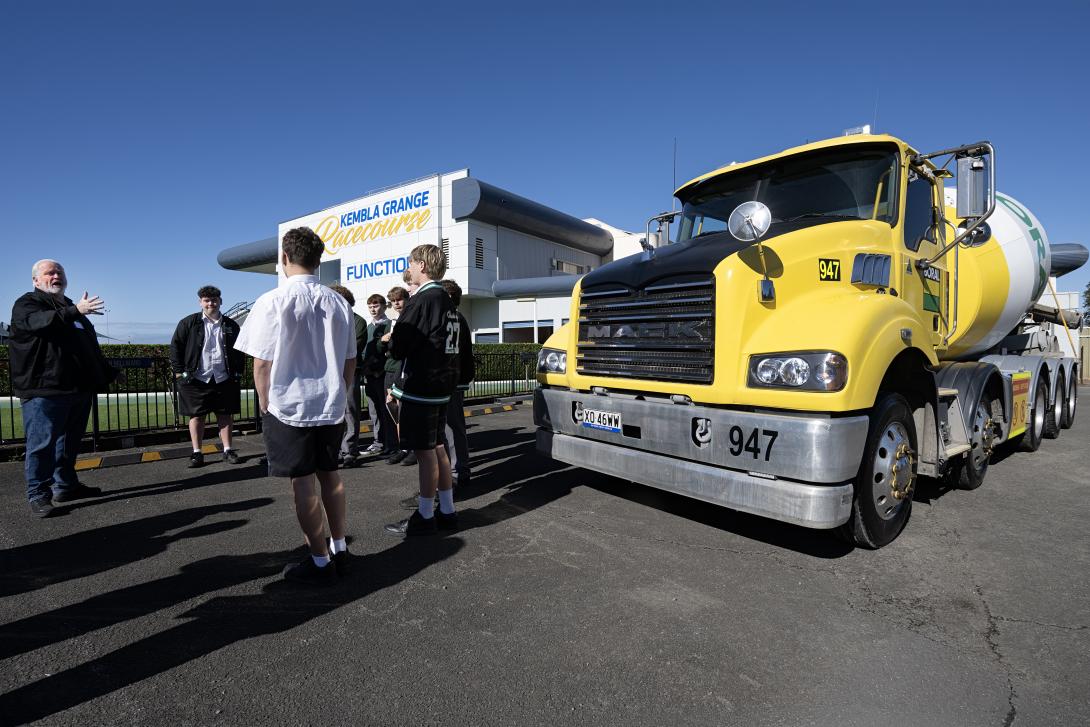 School students learning road safety with a Boral concrete agitator truck