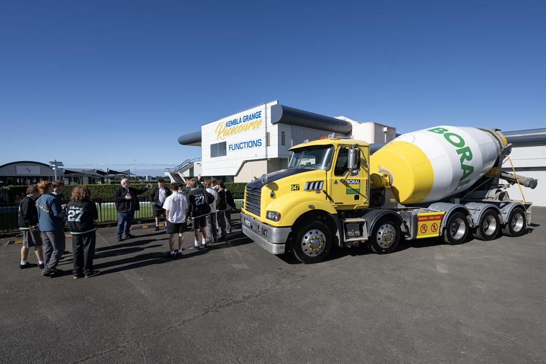 School students learning road safety with a Boral concrete agitator truck