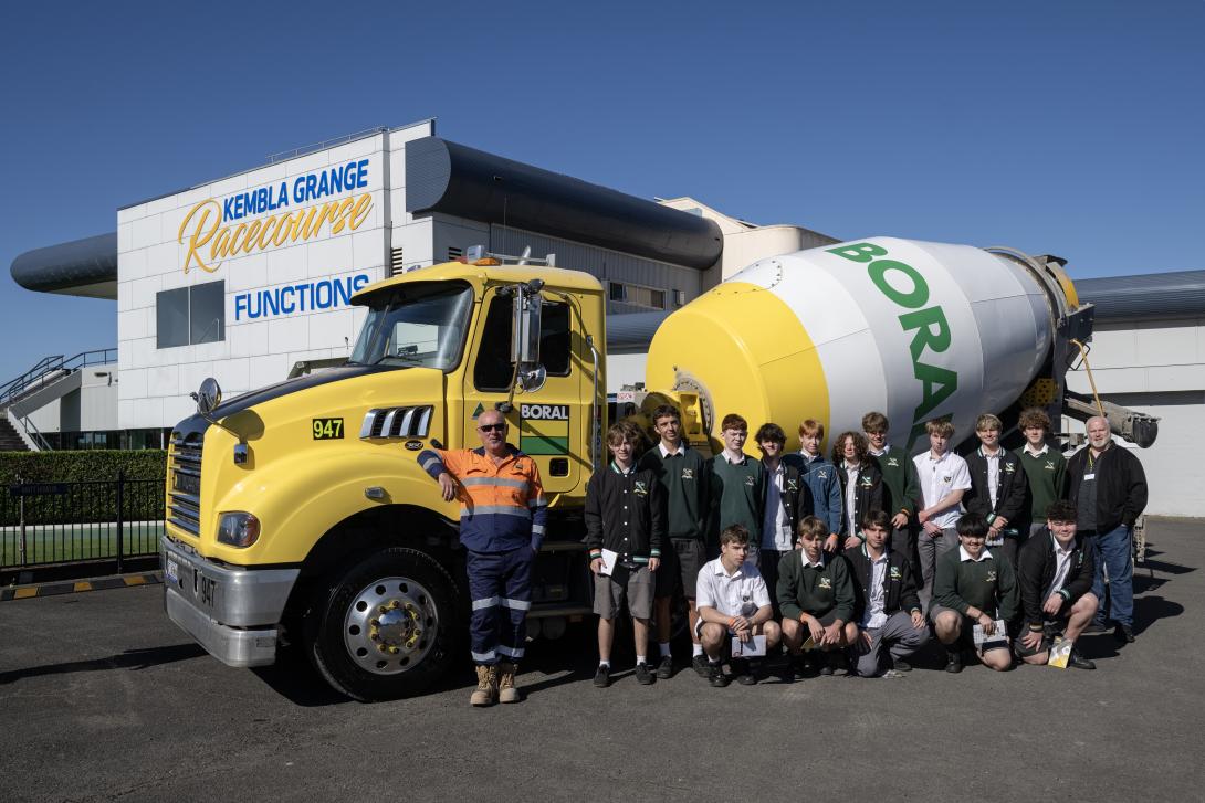 School students learning road safety with a Boral concrete agitator truck