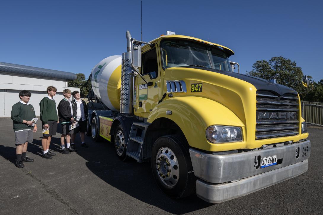 School students learning road safety with a Boral concrete agitator truck