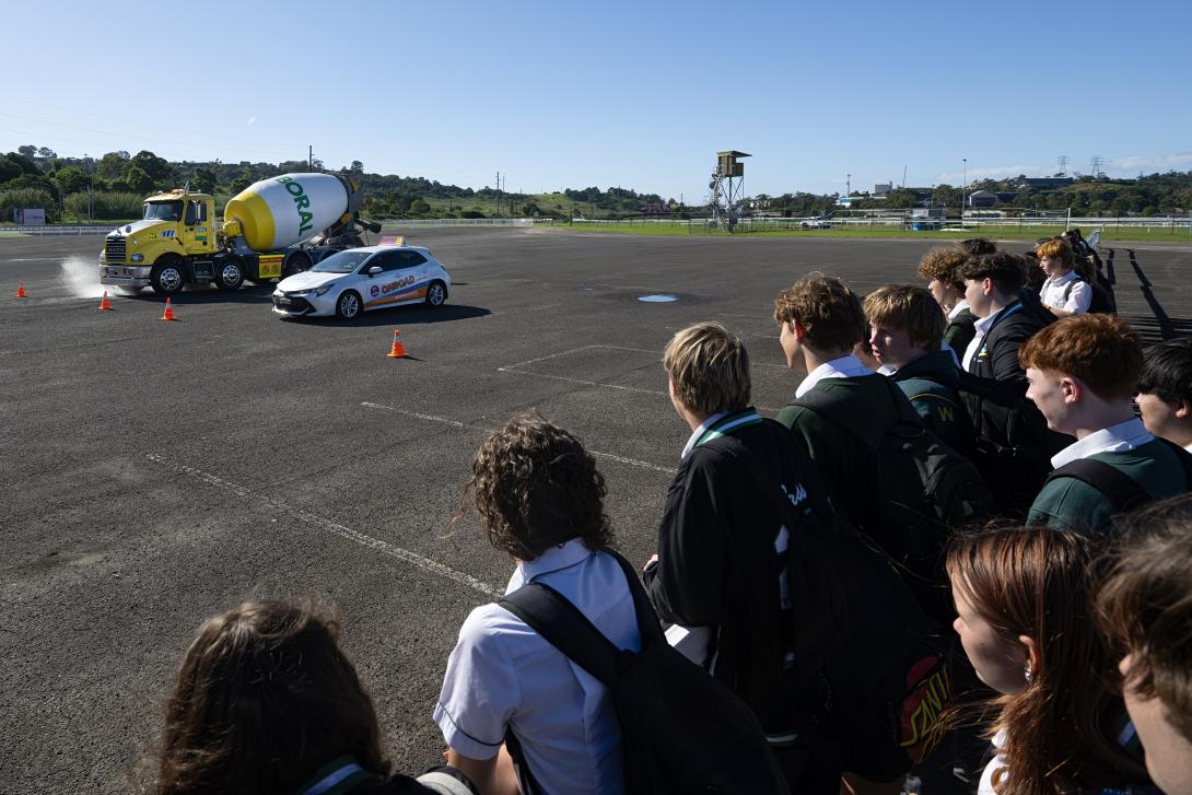 School students learning road safety with a Boral concrete agitator truck