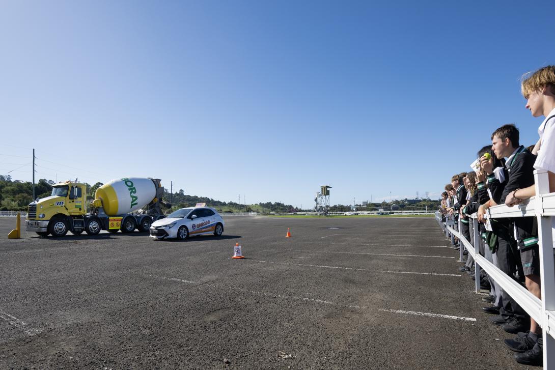 School students learning road safety with a Boral concrete agitator truck