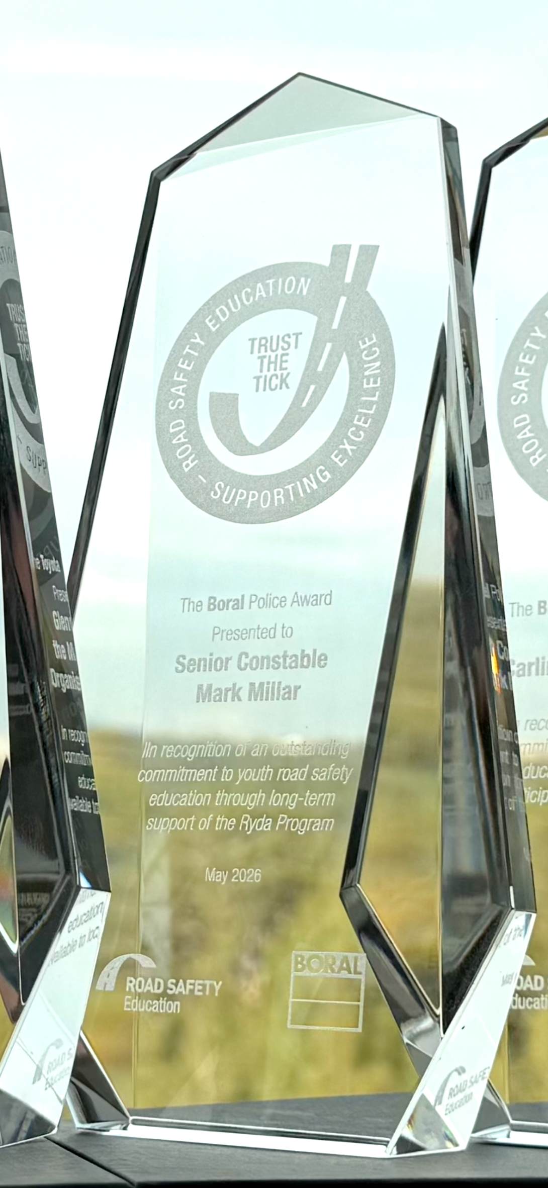 Senior Constable Mark Millar of Queensland Police Service receives the Boral Supporting Excellence Police Award for his extensive work educating young people on road safety and accident prevention.