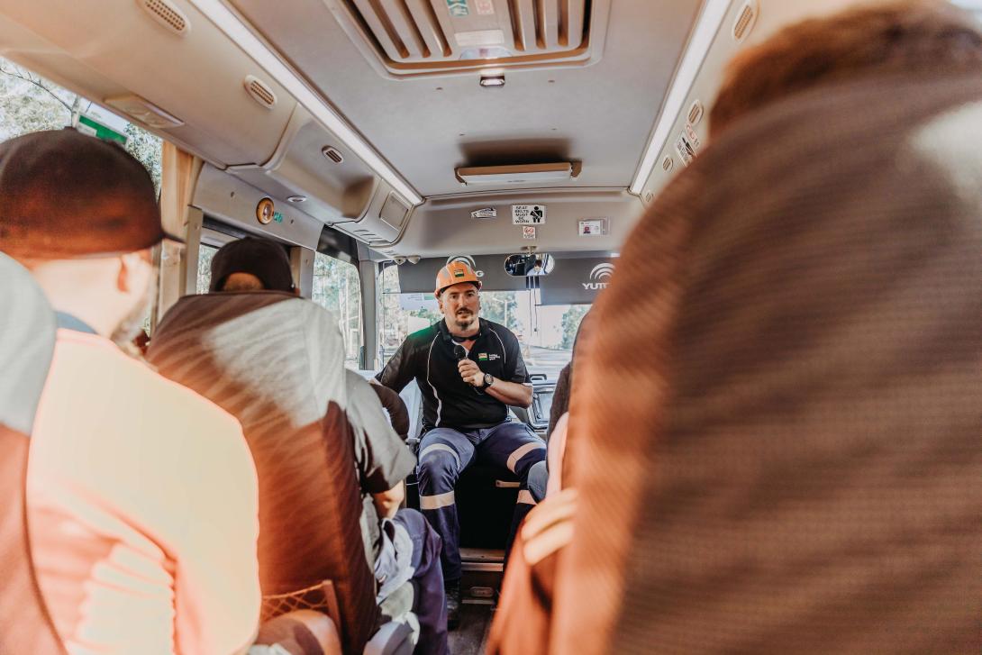 Guests on shuttle bus for guided tour of Seaham quarry