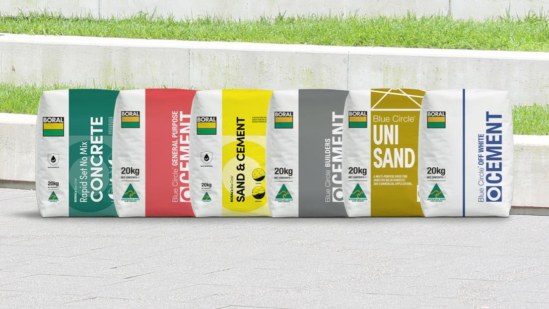Boral Packaged Cement bags in a garden