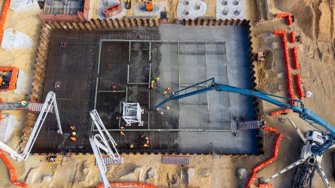 Aerial shot of Perth's Women and Babies Hospital during concrete pour