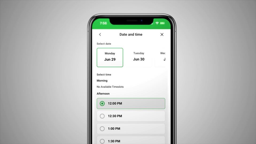 Phone showing Boral Mobile App allowing selection of date and time for delivery